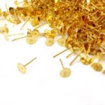 Premium Gold-Plated Earring Stud Posts - Flat Pad Glue-on Bases for DIY Jewelry Making & Earring Design (6mm)